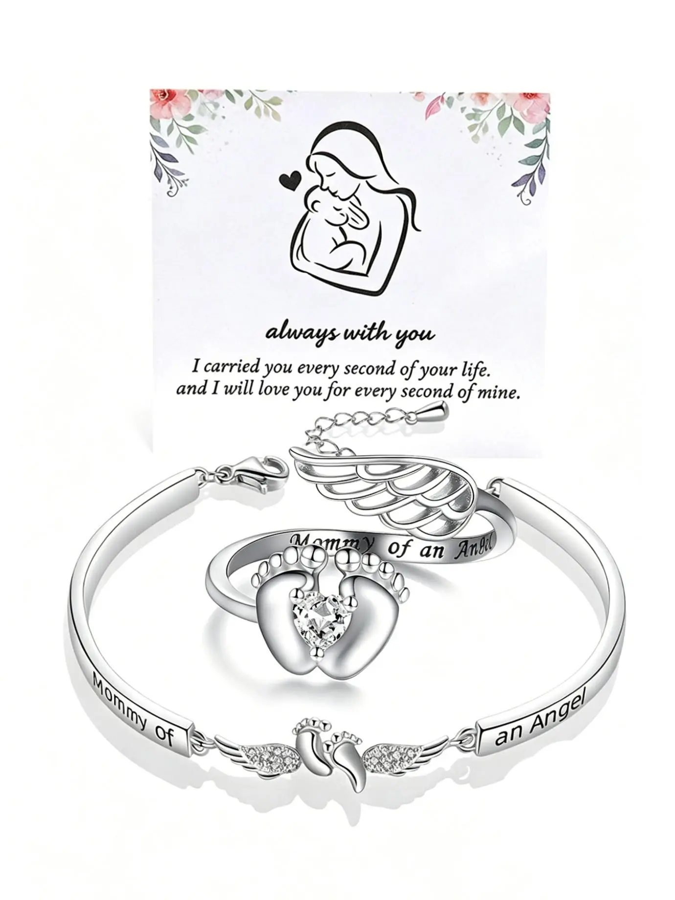 Angel Mom Memorial Elegant Jewellery Set, Baby Footprint Wings Bracelet and Ring, Comfort Gift for Loss of Child, Mother's Day Keepsake