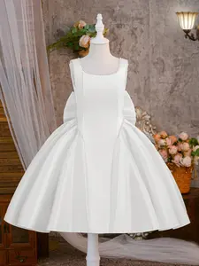 8 to 12 Years Beads Kids Clothes White Flower Girls Big Bow Princess Ball Gown Frock Children Birthday Formal Evening Party Banquet Pageant Prom Host Dress for All Season