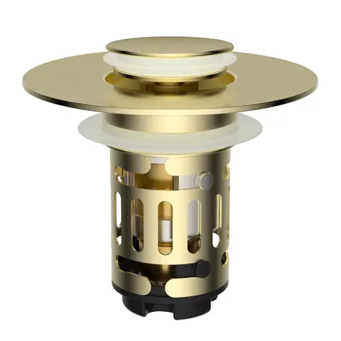 Hibbent Upgraded 3-in-1 Bathroom Sink Strainer Drain Bathroom Fixture Accessory - Universal Popup Stopper, Stainless Steel & Brass Core Brushed Gold Hair Catcher Plug, Removable Basket, Fits 1.1"-2.36" Basins, For Shower Jets System