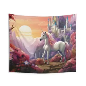 Peach Velvet Tapestry, Unicorn Tapestry - Fantasy Landscape Tapestry of Unicorn Surrounded By Forest, Home Decor Wall Decor for Living Room Bedroom Dorm, Home Wall Decor babe poster Art Decoration Design