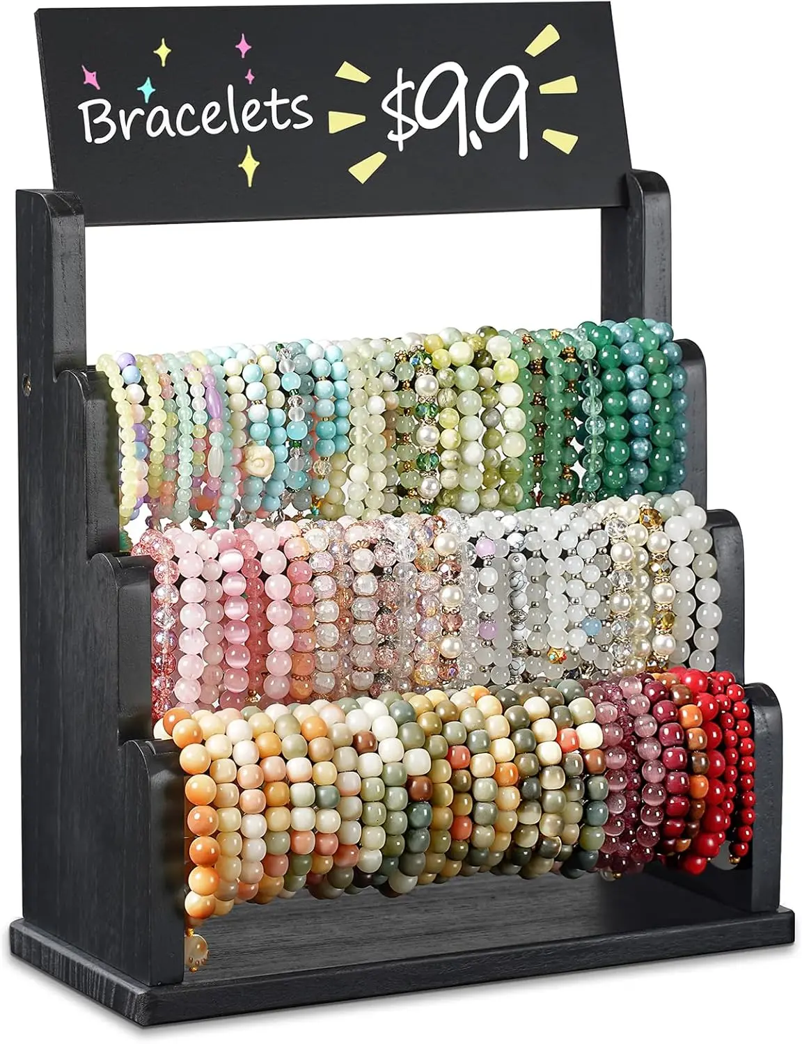 Emfogo Bracelet Holder with Advertising Board, 3 Tier Wood Bracelet Organizer Stand for Bracelets Bangles Watches Scrunchies, Rustic Jewelry Display for Vendors Craft Shows Store, Black, 11.8 x 5.1 x 16.9 in