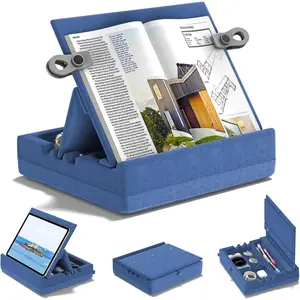 Book Stand with Storage, Multi-Angle Viewing Reading Tablet Holder for Lap, Bed, Desk and Couch, Foldable I-pad Pillow Holder with Organizer Tray for Book,Tablet, Cell Phone, (4.7"-15") Blue