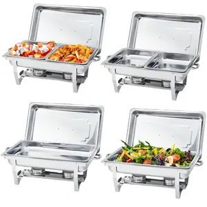 Chafing Dishes for Buffet 4 Pack, 8 Qt Stainless Steel Chafers and Food Warmers Sets with 6 Food Pans, Rectangle Chafing Dish Buffet Set for Catering Wedding Party, Silver