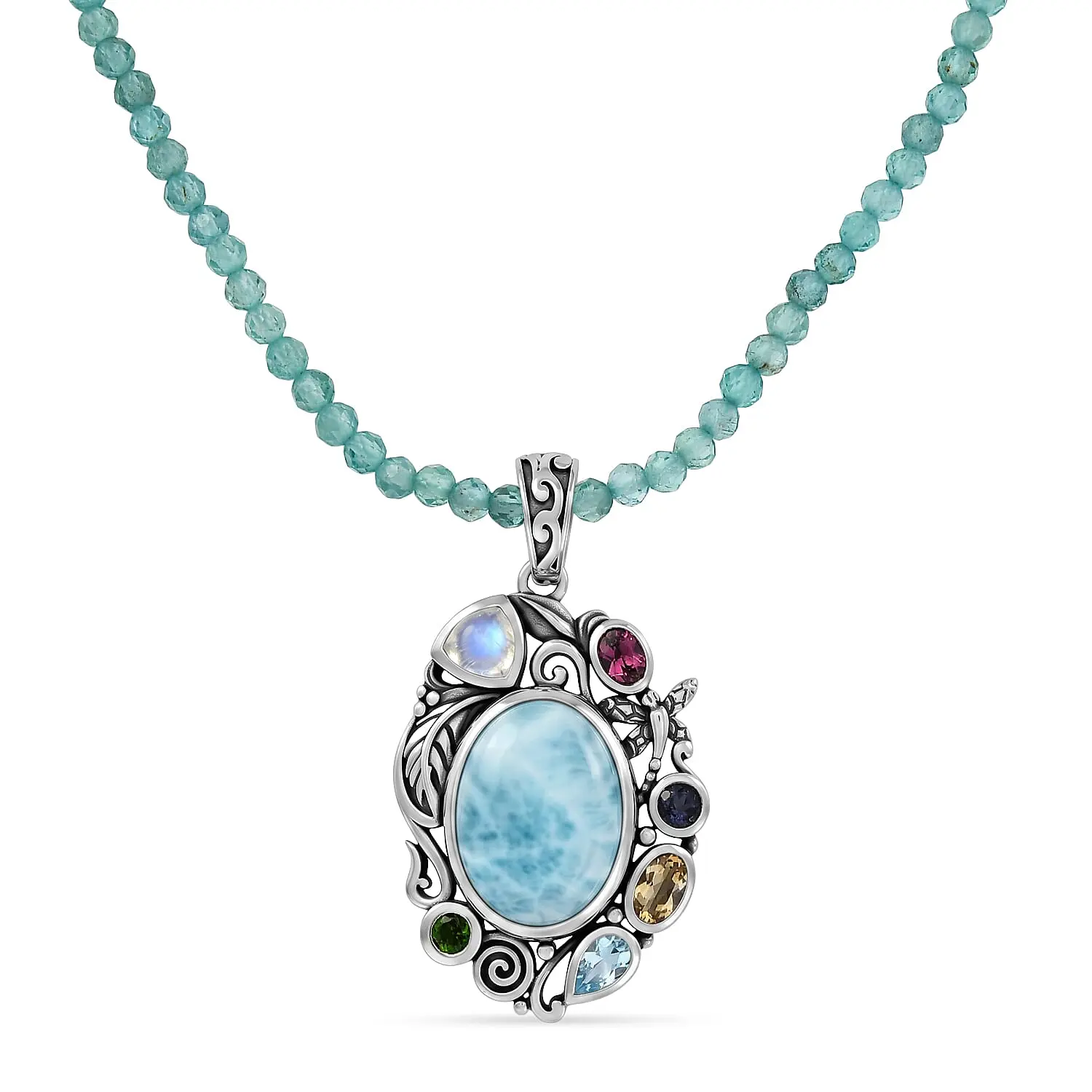 D''Joy AAA Larimar, Multi Gemstone Pendant with Beaded Necklace (20 Inches) in Rhodium Over Sterling Silver 43.40 ctw