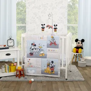 Mickey and Friends Blue, Oatmeal, and Red Mickey Mouse, Minnie Mouse, Donald Duck, Pluto and Goofy 3 Piece Nursery Mini Crib Bedding Set - Comforter and Two Fitted Mini Crib Sheets