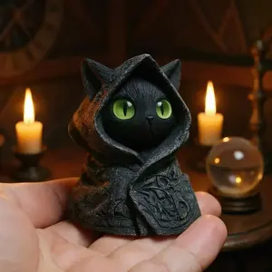 Gothic Cat Statue with Eyes and Celtic Knot Hooded Cloak, Resin Sculpture for Outdoor Decor, Dark Fantasy Garden Ornament