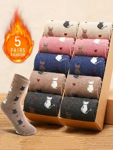 Women's Fall Winter Thick Warm Mid-Calf Socks, Cute Cartoon Cat Pattern, Fitted Comfortable Plush Socks for Daily Home Casual Wear, Cozy Socks, Socks Set