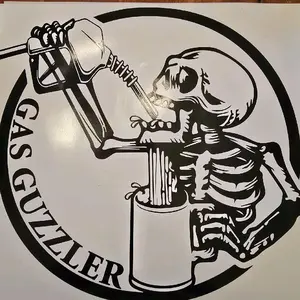 Gas Guzzler Vinyl Decal - Skeleton Holding Bottle, Black and White Design, Ideal for Home Decor
