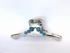 Large shiny turquoise blue silver metal western hair claw clip