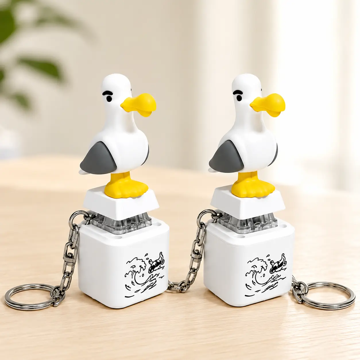Seagull Bird Figure Keychain 2-Piece Multipack - Backlit LED Light, Sound, Funny Look, Simple Daily Everyday Accessory, Interactive Gift Ideas for Friends, Cute Keychains