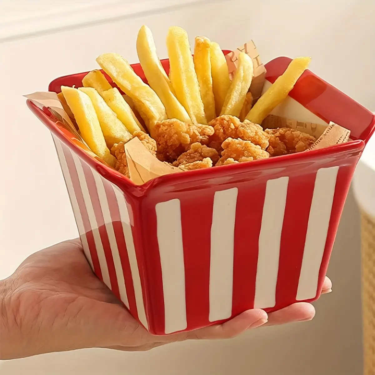 1pc 25.36oz Cartoon Striped Ceramic French Fry Bucket, Home Movie Night Essential Popcorn Tool, Living Room Snack And Appetizer Storage Bucket, Home Organization/Decorative Ornament, Serving Bowl, Food Storage Bowls