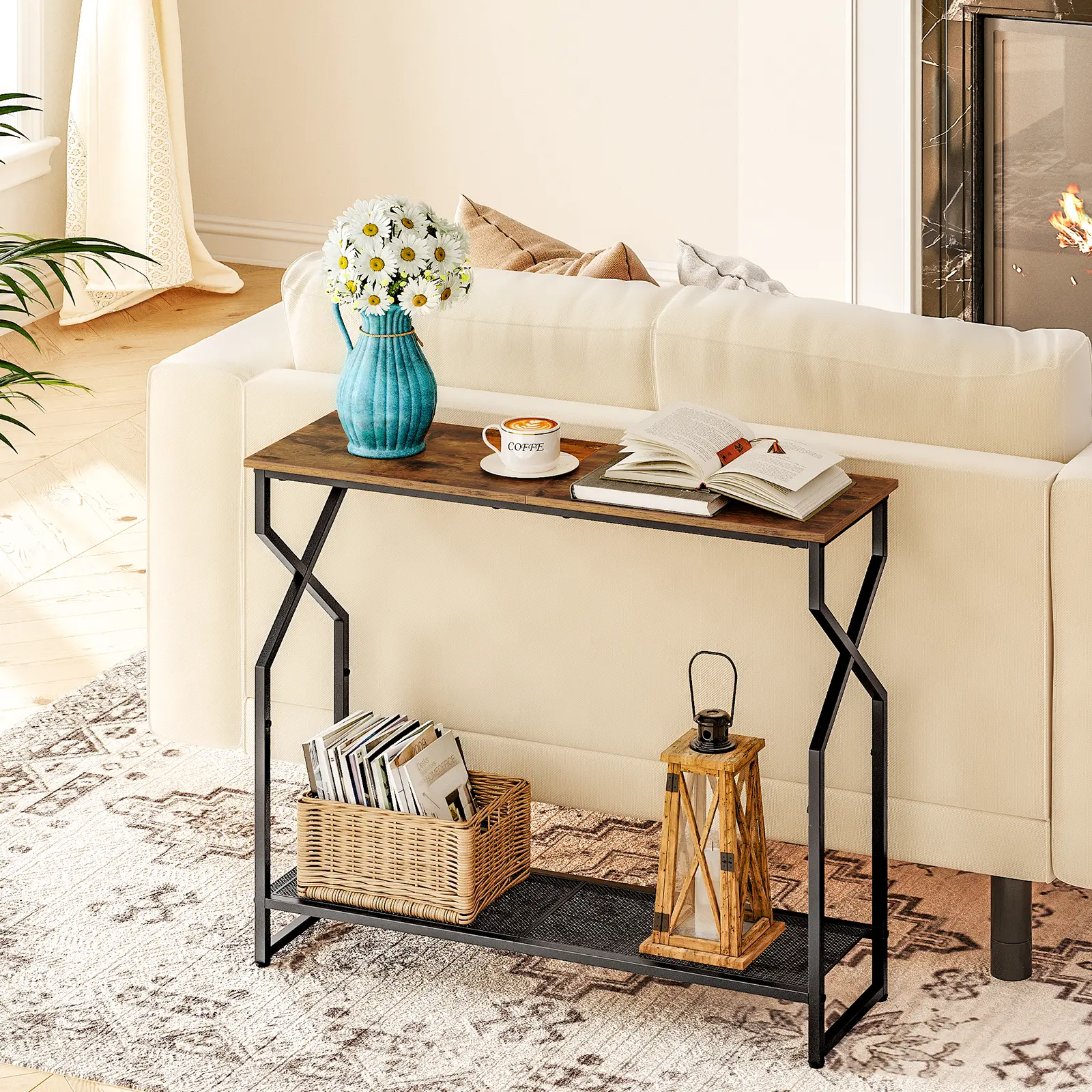 MAHANCRIS 2 Tier Console Table, with Hourglass-Shaped Frames, Adjustable Feet, for Entrance, Living Room, Hallway, Rustic Brown Modern Furniture #SummerVibes#DealsforYouDays #SummerGarden