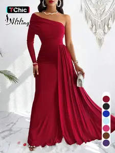 Aliling Women's Elegant Christmas Evening Dress, Asymmetrical One-Shoulder Maxi Gown, High-Waisted Ruched Long Dress
