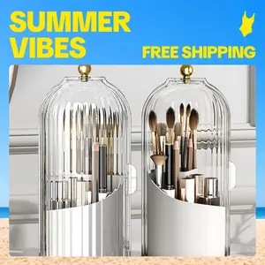 [Summervibes] Makeup Brush Holder Organizers with Transparent Door Lid,360 Rotating Clearance Makeup for Vanity Bathroom, Desktop Countertop Storage, Make up Container Spinning Brush Holder