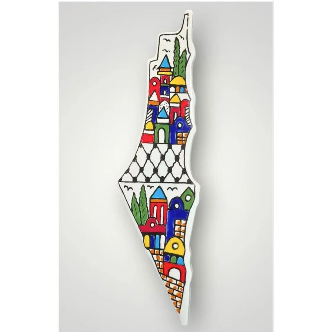 Handpainted 12-inch Ceramic Map of Palestine with Jerusalem and Dome of the Rock Keffiyeh Patterns Traditional Decorative Piece
