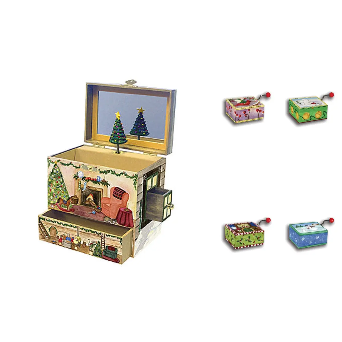 Mechanical Christmas Musical Tunes Set - 5 Pieces Bundle with Large Jewelry Story Box, 4 Mini Christmas Gift Music Boxes for Bedroom Home Decor, Songs