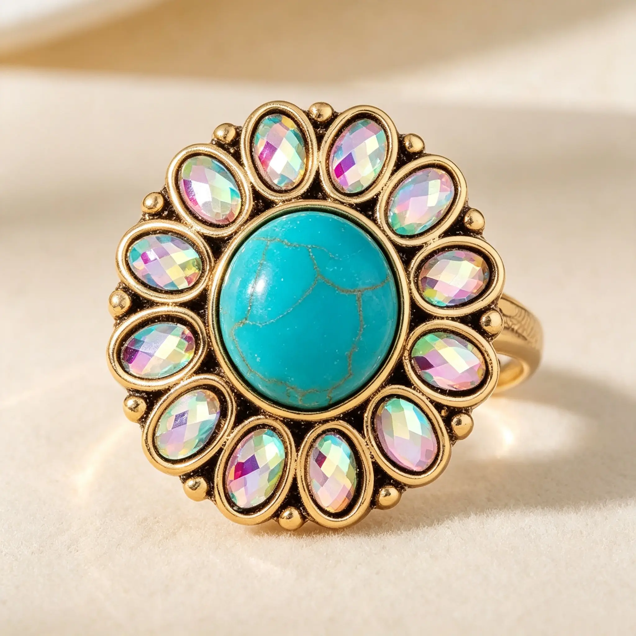 Vintage Bohemian Oval Stone Flower Ring, Adjustable Open Band Statement Ring, Retro Antique Gold Rhinestone Cluster Cocktail Ring, Boho Ethnic Large Floral Jewelry Gift For Women