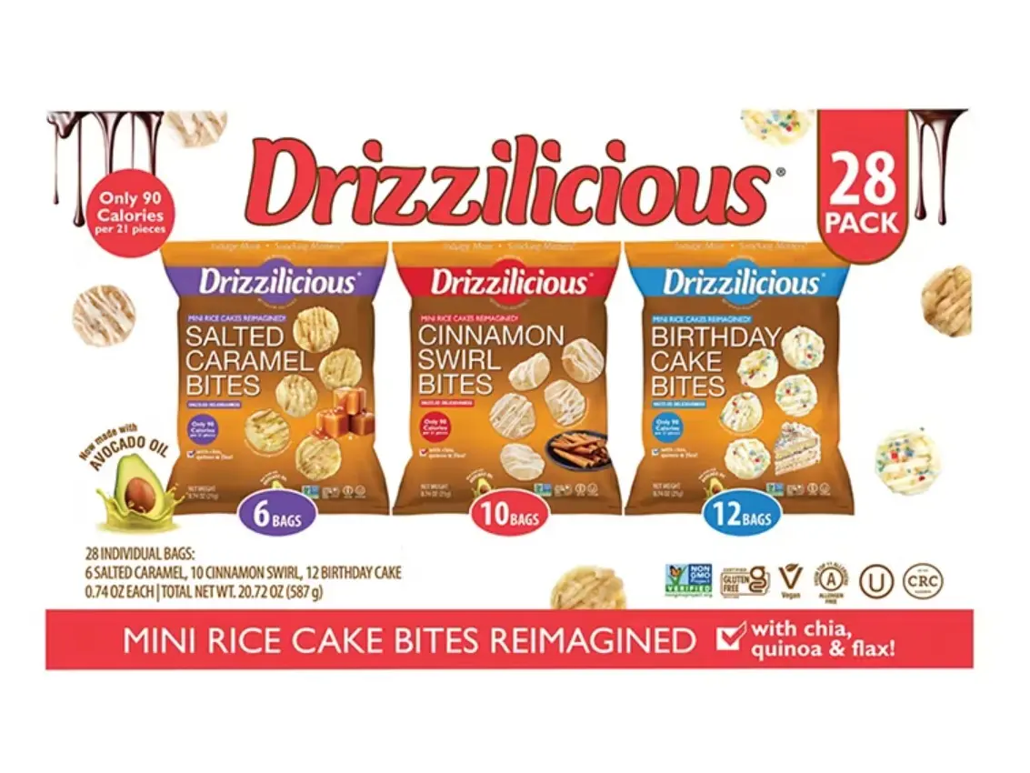 NEW - Drizzilicious Mini Rice Cake Bites Variety Pack - Salted Caramel, Cinnamon Swirl, & Birthday Cake (28 Pack, 0.74 oz. Each)