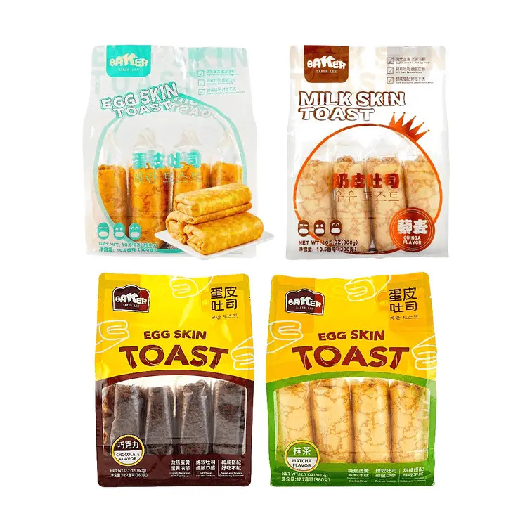 BAKER LEE Egg Skin Toast Variety Pack - Original, Quinoa, Chocolate, Matcha Flavors (4-Pack Breakfast Snack Cakes & Pastries)