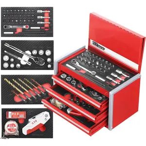 Portable 3 Drawer Steel Tool Box with 61-Pieces Mechanics Tool Set,Magnetic Locking, Red Hand Carry Tool Cases for Hand Tools Repair Tool Kit