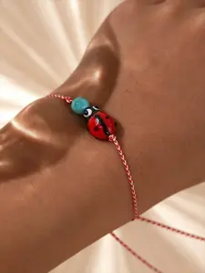 Boho Style Synthetic Turquoise Ladybug Bracelet, Cotton Rope Woven, Casual Party Vacation Accessory, Women's Fashion Jewelry
