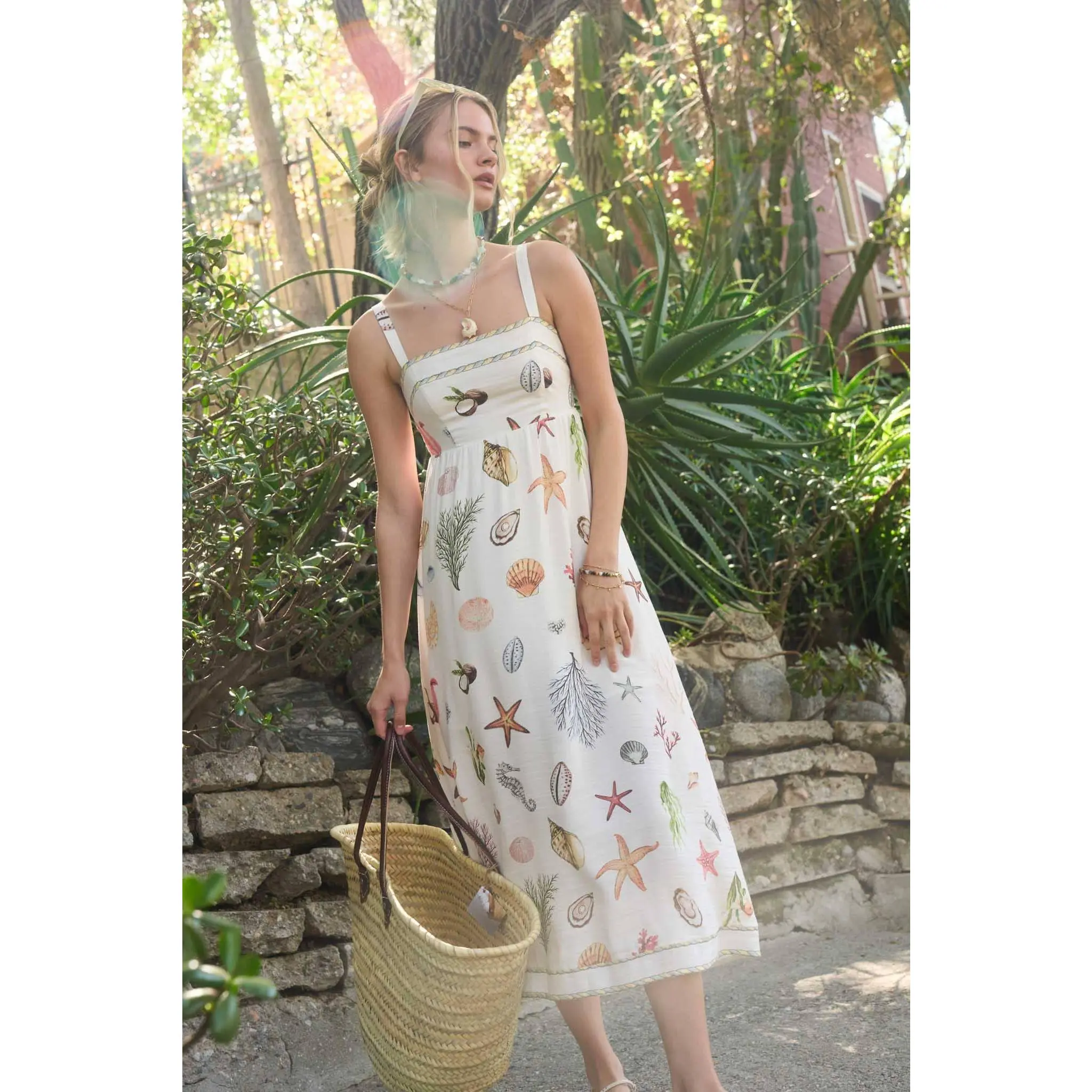 Lady's Casual Nylon-Rayon Blend Square Neck Ibiza Multicolor Nautical Print Sleeveless Midi Dress