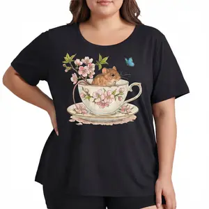 Cottagecore Shirt Women Cute Graphic Tee Mouse In Teacup Floral Cherry Blossom Butterfly Fairycore Aesthetic Oversized Fit Nature Lover Gift Butter Soft Everyday Top