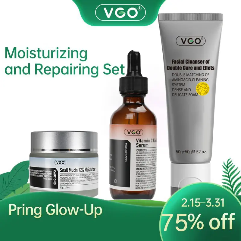 VGO facial skin care Set 10% Vitamin C Serum 92% Snail Mucin Moisturizer Double Care Facial Cleanser night moisturizer facial hydrating Instant Glow Vitamin E Moisturizer kin Care Kits Glowing