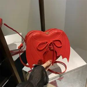 Halloween Purses for Women Bat Wing Heart with Lace Up Gothic Kawaii Novelty Shoulder Crossbody Bag New Stylish Style Women's Bat Pattern Adjustable Shoulder Strap Woman Small Everyday Purses Crossbody Bag Trendy Fashionable Shoulder Bag Crossbody Purse