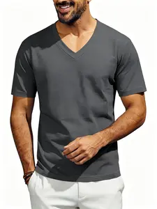 Men's Solid Color V-Neck Short Sleeve T-Shirt, Summer Breathable Stretch Slim Fit, Multiple Colors Available, Casual Daily Wear Streetwear Top