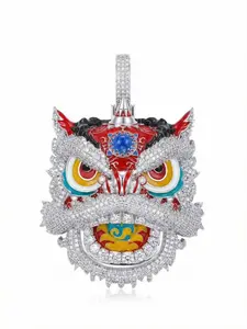 ⑥⑧Iced Out Chinese Lion Dance Head Pendant Necklace - Solid Metal Base Full CZ with Vibrant Enamel, Stainless Steel Chain Men's Hip Hop Cultural Bling Statement Jewelry Party Accessory
