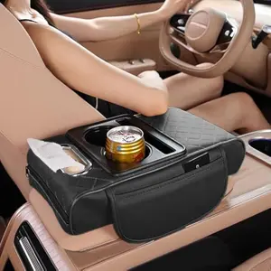 5-in-1 Car Center Console Cover, Multifunctional Armrest Cover with Cup Holder, Phone Holder, Pocket & Tissue Holder – Leather Height Enhancement Car Armrest Cushion for Most Cars (Black)