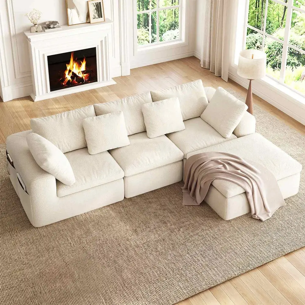 SIKAIC 109in Modular L-Shape Sectional Sofa with Ottoman, Convertible Chenille Deep Seat Sleeper Cloud Couch with Storage Pockets, Beige Living Room Furniture