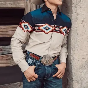 Men’s Western Cowboy Punk-Style Printed Shirt with Double Chest Pockets, Trendy Vintage Youth Streetwear Menswear Top, Love Long Sleeve GARMENTARY