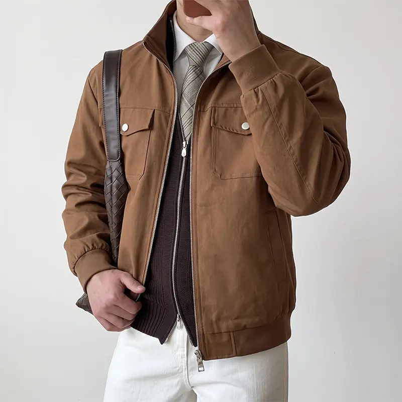 Men's Stand Collar Long Sleeve Bomber Jacket - Full Zip, Snap Pockets, Plain Khaki, Premium Fabric, Wrinkle-Resistant, Windproof, Relaxed Fit Menswear Tops for Business Office, Daily Commute (Spring Fall), Smart Casual
