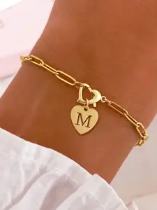 Women's Heart-Shaped Letter Initial Bracelet, Fashion Heart Buckle Stainless Steel Paper Clip Chain Design, Casual All-Season Accessory