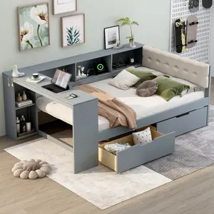 Full Size Daybed Platform Bed with Bookcase Sideboard, Storage Drawers and Upholstered Headboard, Wood Daybed Frame with Desk and USB Charging Station