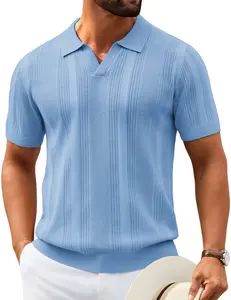 COOFANDY Mens Knit Polo Shirts V Neck Textured Polo Shirts Short Sleeve Breathable Polo Casual Collared T Shirt Fashion Tops