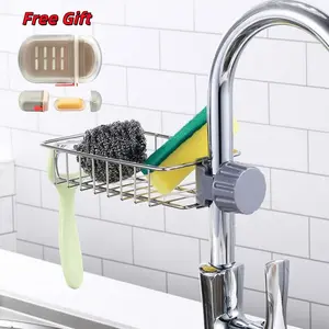 3in1 Kitchen Faucet Organizer Rack - Sponge Holder, Scrub Daddy Sponge, Dish Brush Stand, Soap Holder, Stainless Steel Multifunction Sink Caddy kitchen sink sponge  holder(Free travel-sized soap box included)