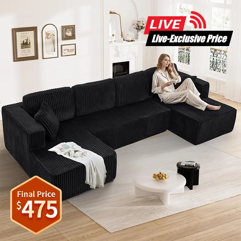 [3 Packs Shipped] Niccae 132-inch U-Shaped Sectional Corduroy Sofa - Modern and Soft for Living Room, Comfortable, No Assembly Required, Popular Boneless Sectional Sofa for Multiple People