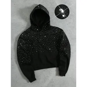 Men's Rhinestone Embellished Loose Fit Casual Pullover Hoodie Sweatshirt Rhinestone Hoodie Diamond Hoodie Cropped Hoodie Star Hoodie Crystal Hoodie, A Great Gift For Your Boyfriend, Back To School Black Rhinestone Hoodie