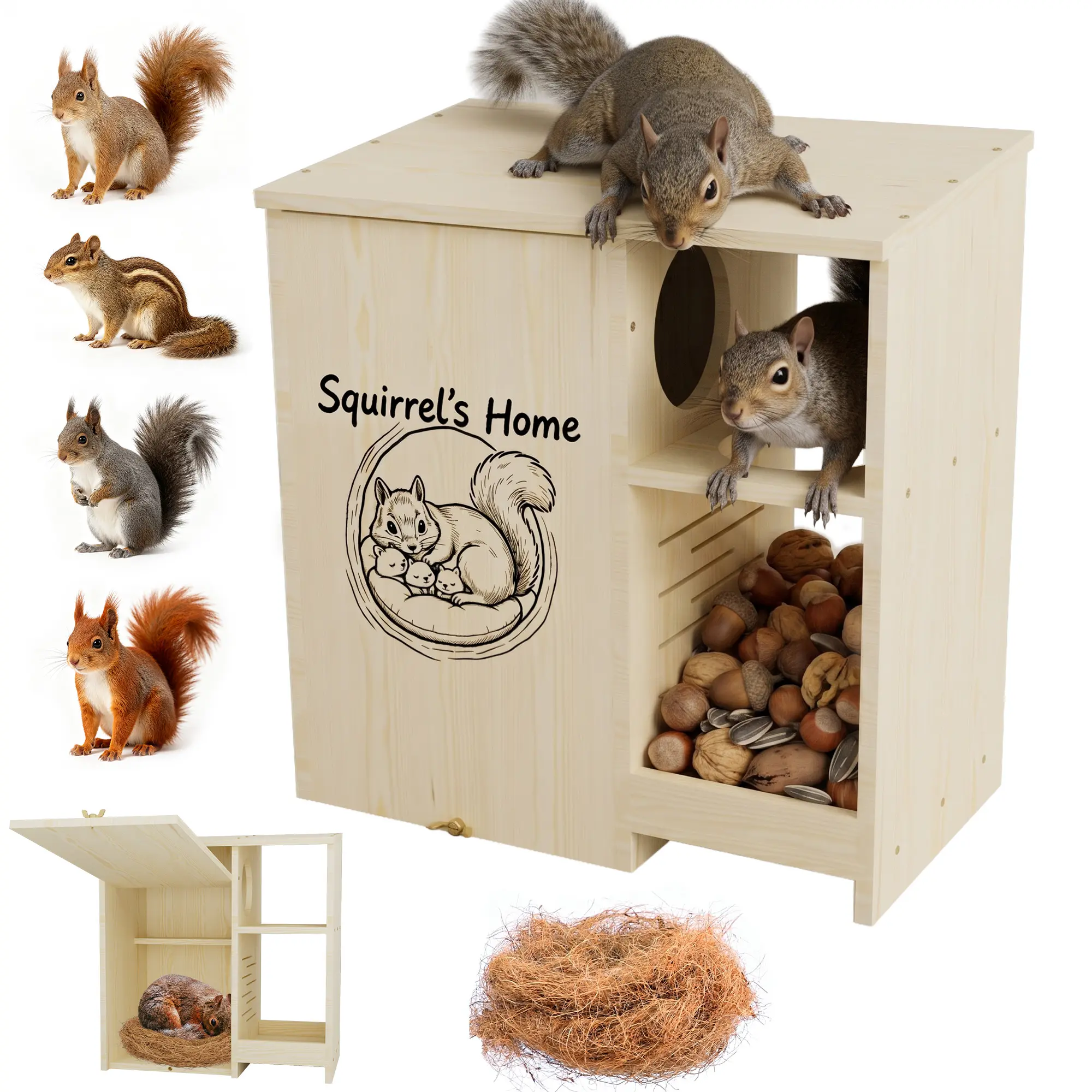 Large Wooden Squirrel House for Outside Widened Squirrel Box with Feeder and Platform Anti-Predator Solid Pine Squirrel Nesting Box Wildlife Habitat Shelter for Outdoor Backyard Tree