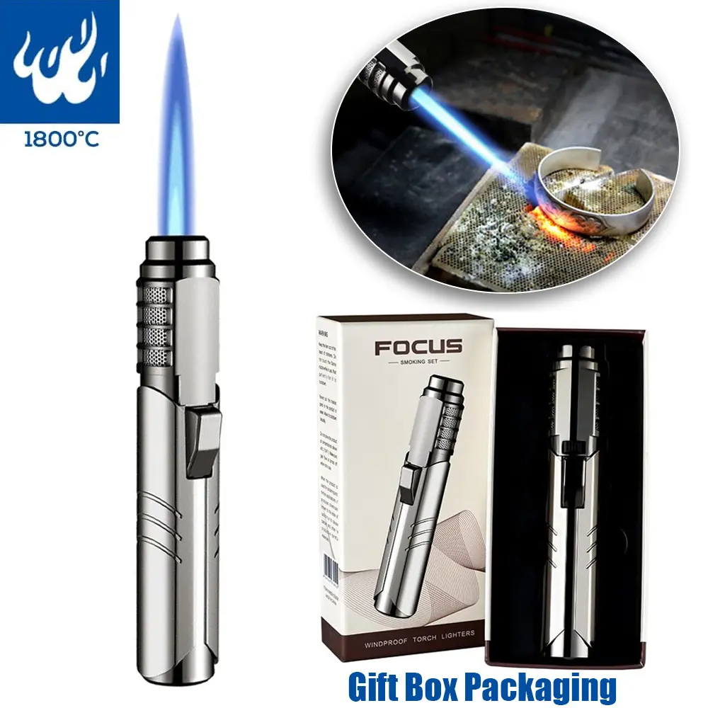 High Power Butane Blowtorch Windproof Blowtorch Lighter Strong Fire Refillable Butane Lighter with Flame Lock Suitable for Kitchen Outdoor BBQ Fire Pit (Butane Not Included) Add butane gas and ignite