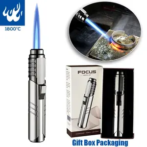 High Power Butane Blowtorch Windproof Blowtorch Lighter Strong Fire Refillable Butane Lighter with Flame Lock Suitable for Kitchen Outdoor BBQ Fire Pit (Butane Not Included) Add butane gas and ignite