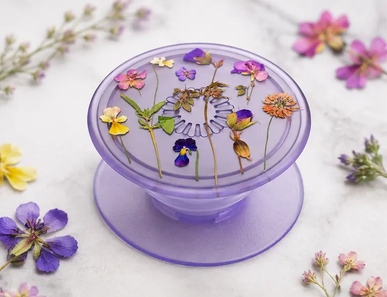 Adhesive Phone Grip & Stand, Purple Floral Phone Holder, Anti-Drop Grip with Kickstand, Removable Cell Phone Grip for iPhone, Samsung & Most Smartphones