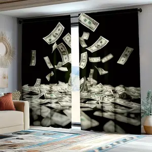 2 Piece Money Print Curtains, Stylish Rod Pocket Window Drapes for Bedroom & Living Room, Easy Installation for Coffee Shops & Offices, Home Decoration Curtain, Home Decorative Curtain