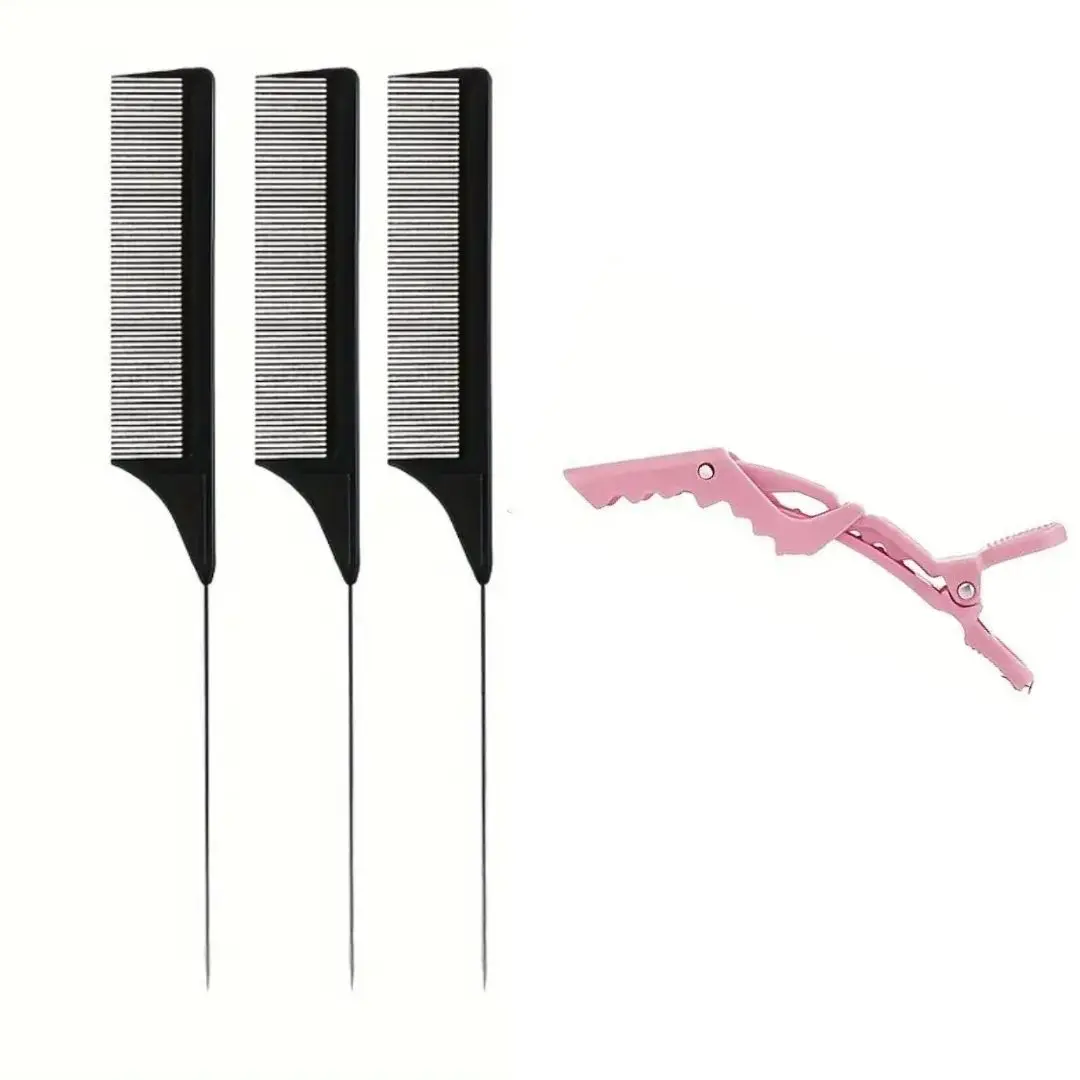 Pintail Stainless Steel Rat Tail Combs 3pcs Anti Static Heat Resistant Fine Tooth Sectioning Parting Styling Loc Comb with 1 Alligator Hair Clamp Haircare Heatless Handle Smooth