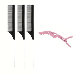 Pintail Stainless Steel Rat Tail Combs 3pcs Anti Static Heat Resistant Fine Tooth Sectioning Parting Styling Loc Comb with 1 Alligator Hair Clamp Haircare Heatless Handle Smooth