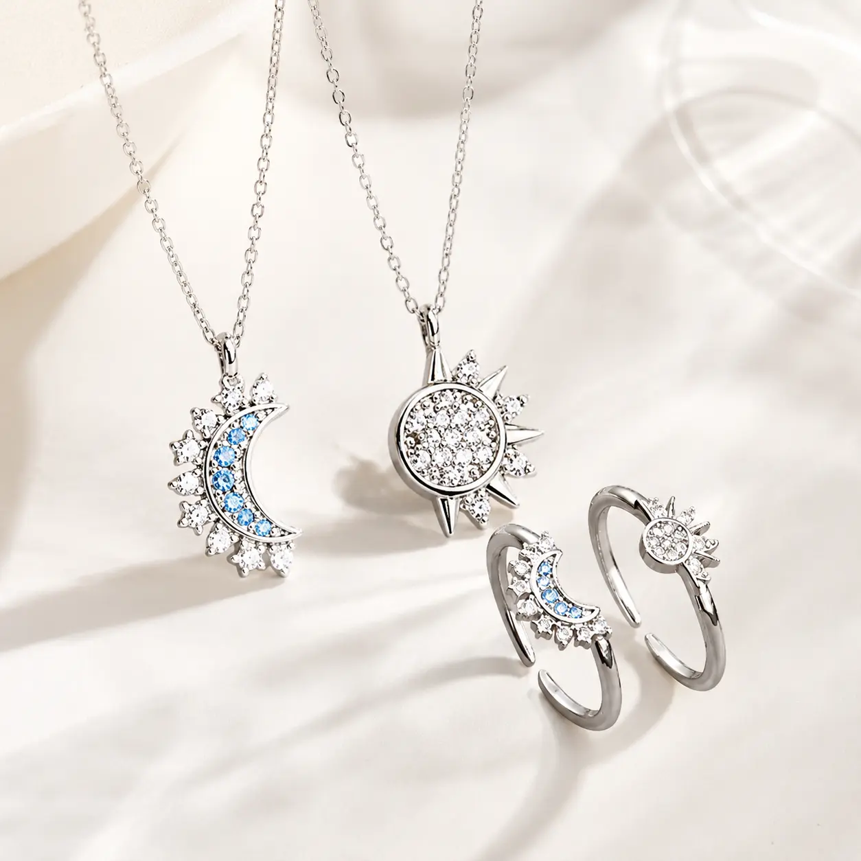 Silver-Tone Sun Moon Matching Jewelry Set for Couples & Best Friends, Dainty Sun Moon Pendant Necklace & Open Ring Set, Accessories for Women, Freak Gifts for Her