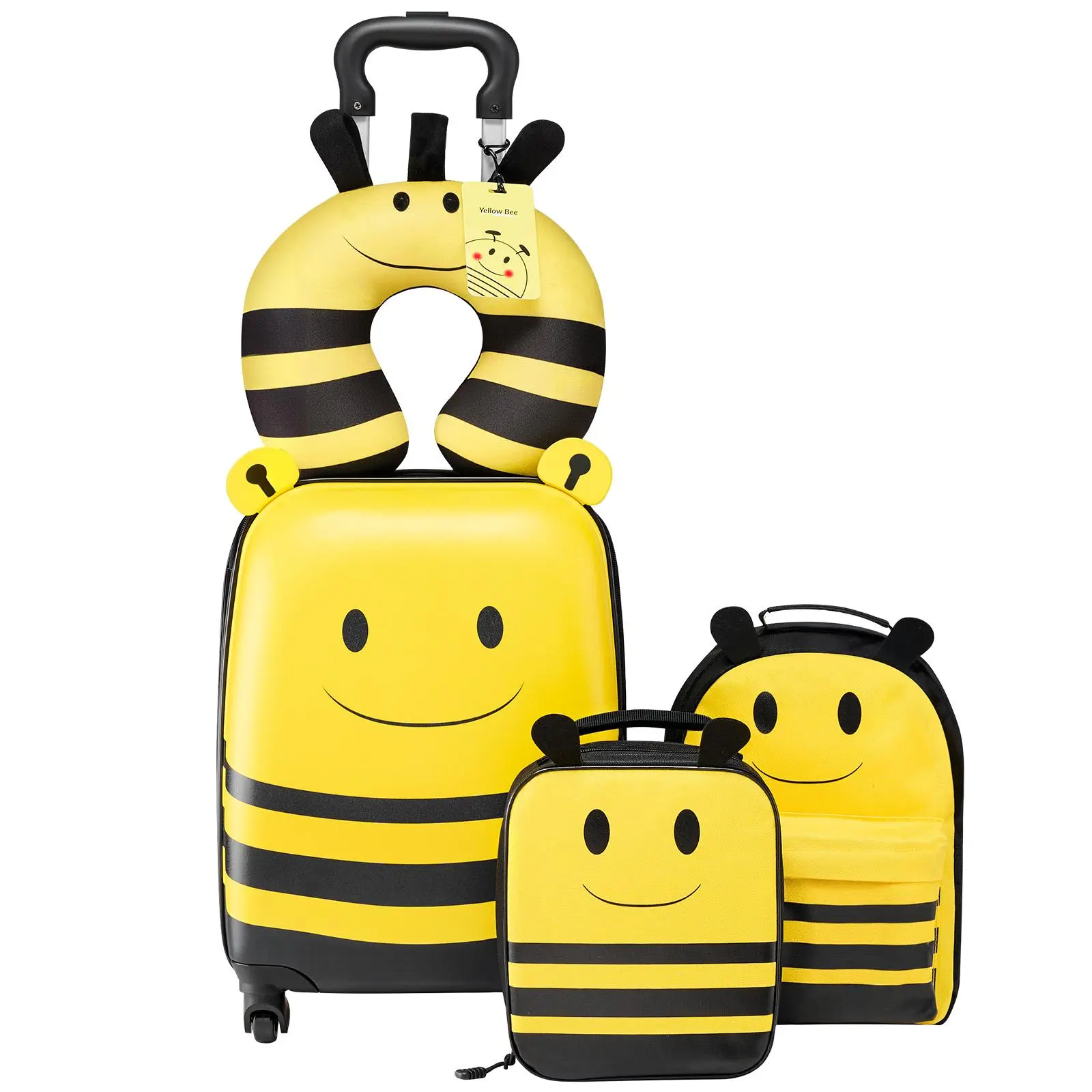 【SummerFinds】Kids' 5-Piece Hardside 4-Wheeled Luggage Set, 18in Double Zipper Spinner Carry-On, Synthetic ABS Plastic with Backpack & U-Shaped Pillow, Bee Graphic, Cabin Approved Holiday Gift